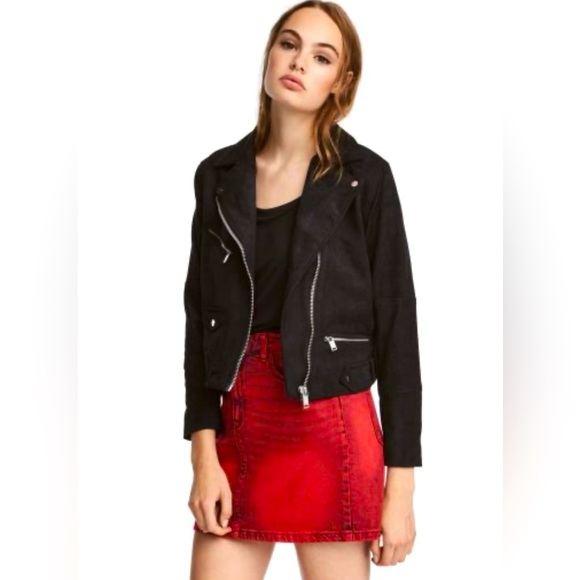 Faux suede cropped biker jacket with zipper detailing - Picture 1 of 2